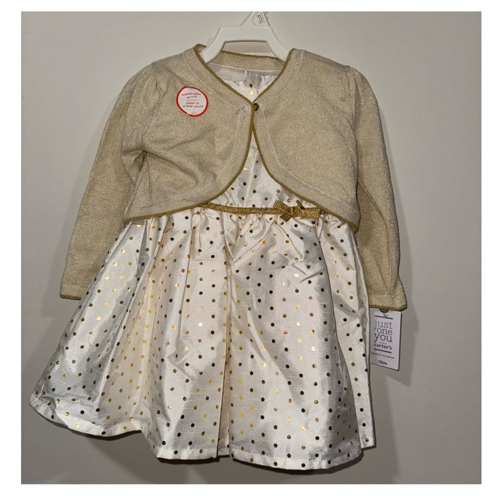 Carter’s Baby Girl Dress Set – 18M | Gold Polka Dot Holiday Outfit NWT
